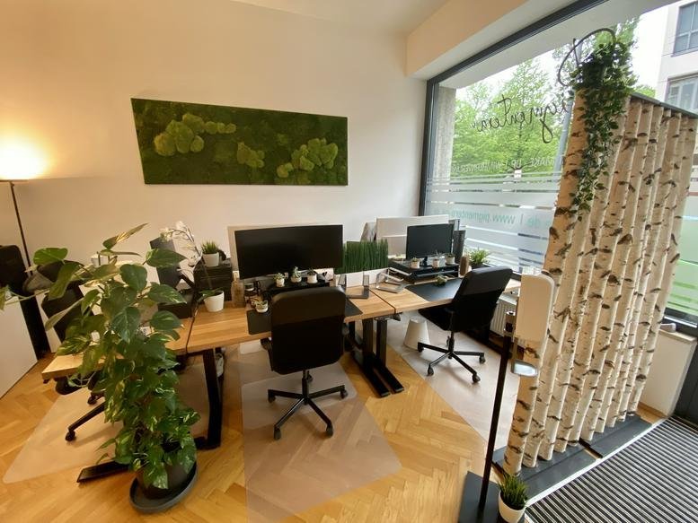 Professional office workspace at 10, Innere Wiener Straße, with wooden desks and a large moss wall art piece.