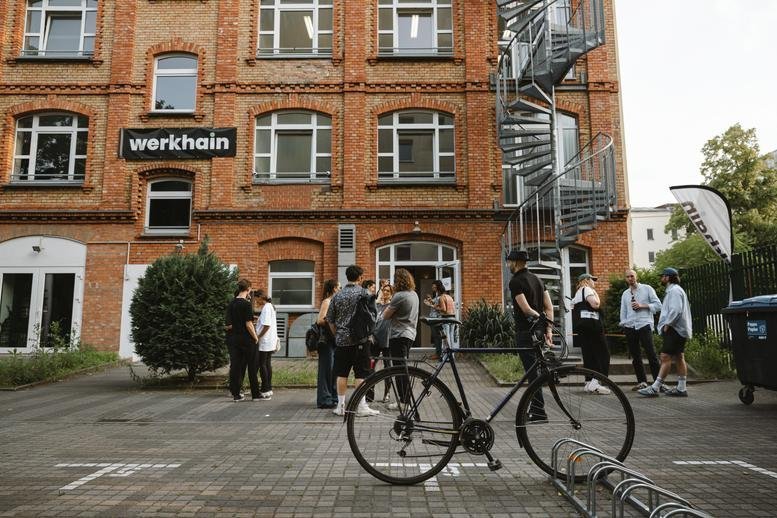 Exterior view of the brick facade and spiral staircase at 108, Frankfurter Allee.