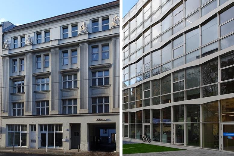 Exterior view of the classic stone facade and modern glass addition at 117, Chausseestraße.