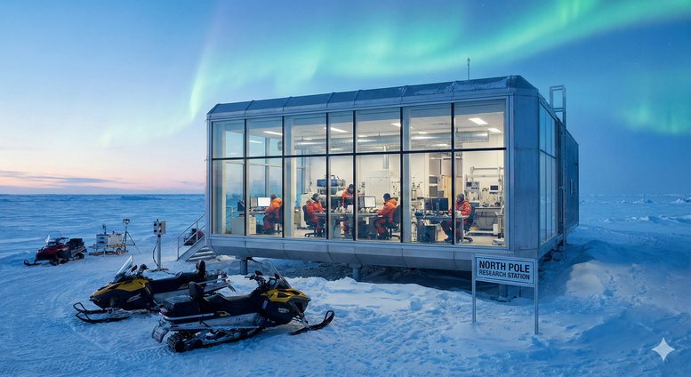 Exterior view of 12, Bangers with glass walls and snowmobiles under the aurora borealis in a snowy landscape.