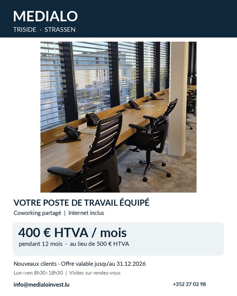 Flyer for MEDIALO TRISIDE - STRASSEN showing a modern coworking space with long wooden desks and ergonomic chairs.