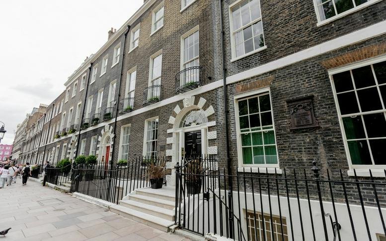 Exterior view of the classic Georgian facade of 22, Bedford Square, Bloomsbury.