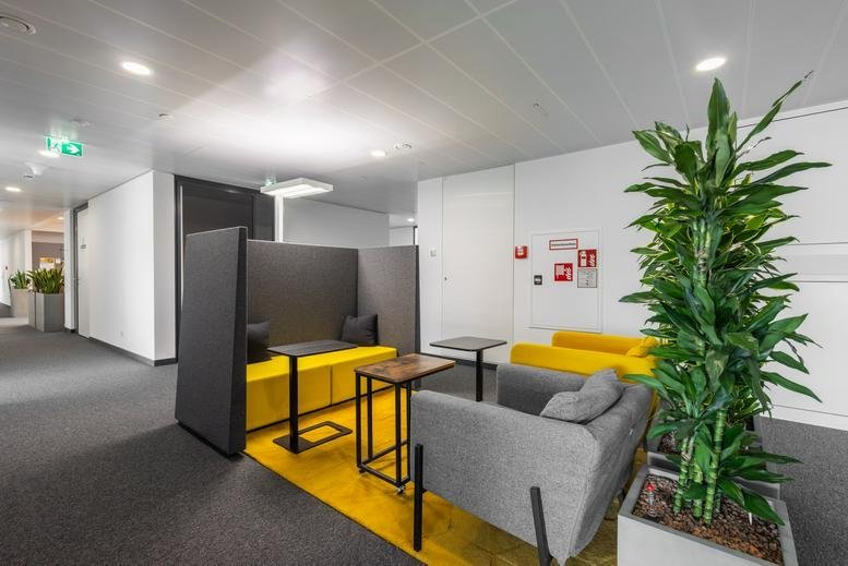 Spacious breakout area at 230, Schönbrunner Straße with yellow sofas, grey armchairs, and a large indoor plant.