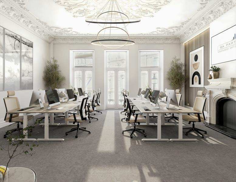 Large professional workspace with ornate ceiling molding and dual banks of desks.