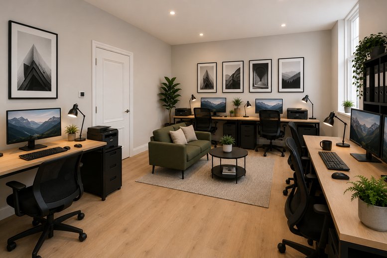 Spacious professional workspace at 2A, Leys Avenue featuring multiple desks, an olive green sofa, and wall art.