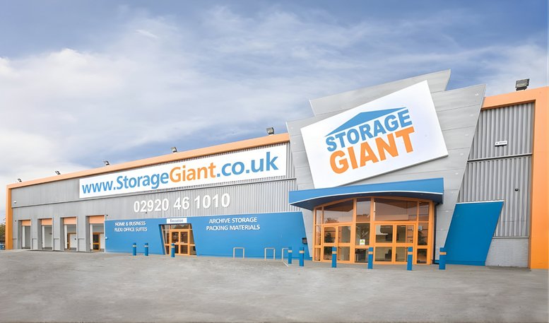 Exterior of the modern blue and silver Storage Giant facility at 376 Newport Road.