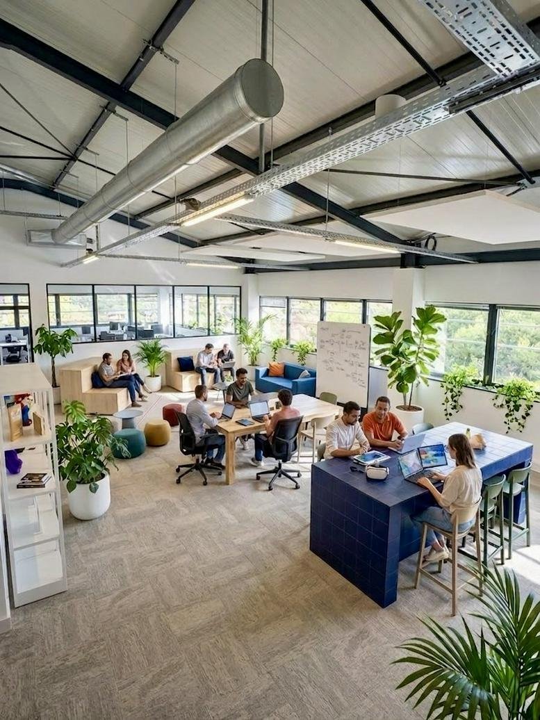 Spacious industrial-style coworking area at 380, Avenue Archimède with high ceilings and natural light.