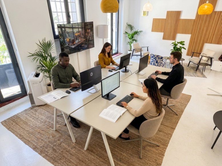 Spacious open-plan coworking area with natural light and wooden accents at 3A, Rua Leite de Vasconcelos.