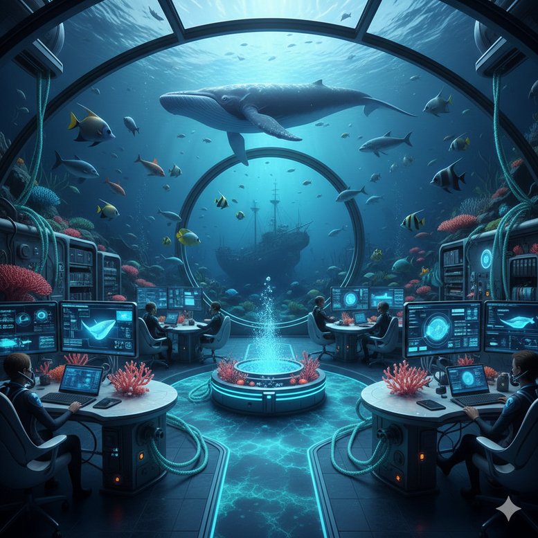 Futuristic underwater office at 4, White Hart Lane, featuring a large whale swimming past a circular viewing portal.