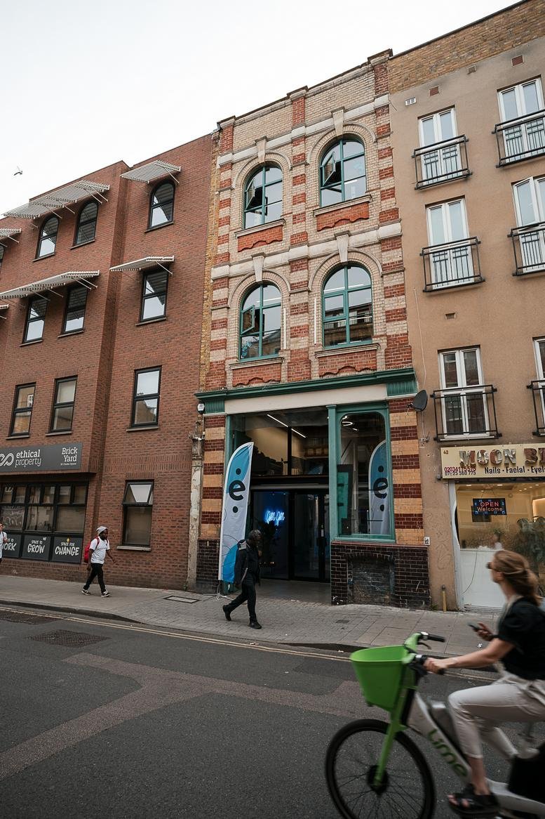 Exterior view of the brick and glass facade at 41, Pitfield Street.