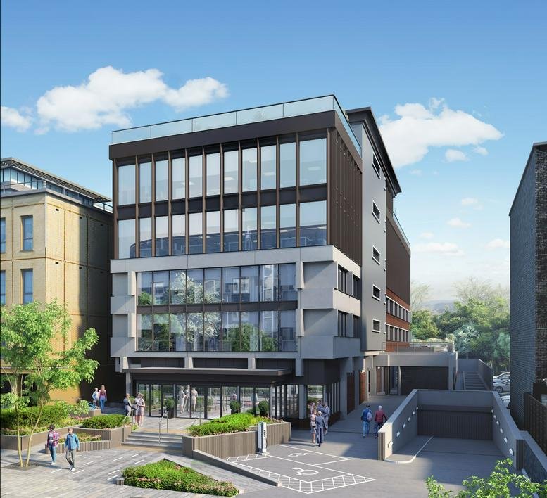 Exterior view of the modern glass-fronted office building at 47, Clarendon Road.