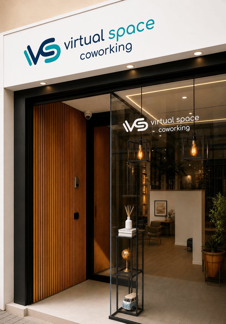 Entrance to Virtual Space coworking at 56, Carrer de Roger de Flor, featuring a wood-panelled door.