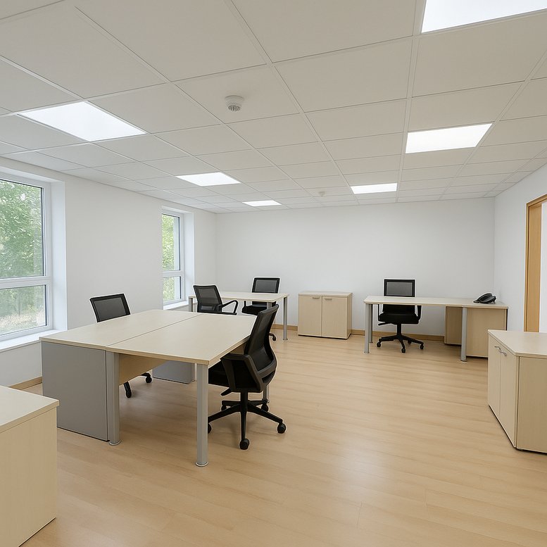 Spacious open-plan office at 6, Calle de Maldonado featuring light wood floors and modular workstations.
