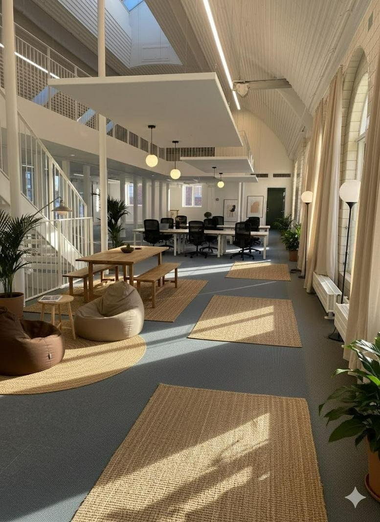 High-ceiling communal lounge at 61, Bygmestervej featuring bean bags, wooden benches, and skylights.