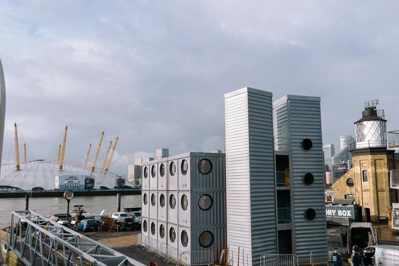Exterior view of the modular container-style building at 64, Orchard Place, Trinity Buoy Wharf.