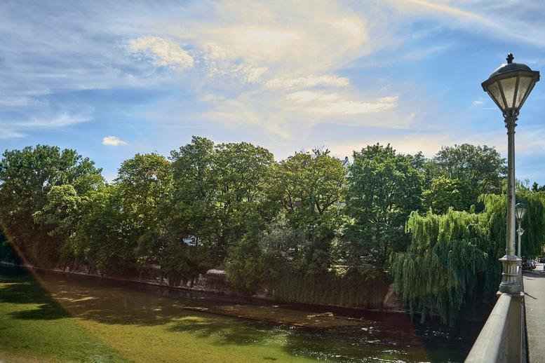 Lush green park area with a view of a river and a traditional street lamp.