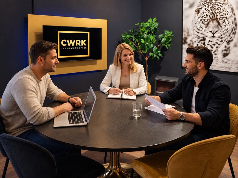 Meeting room at 77, Drienerstraat with a round table, gold chairs, and people collaborating.