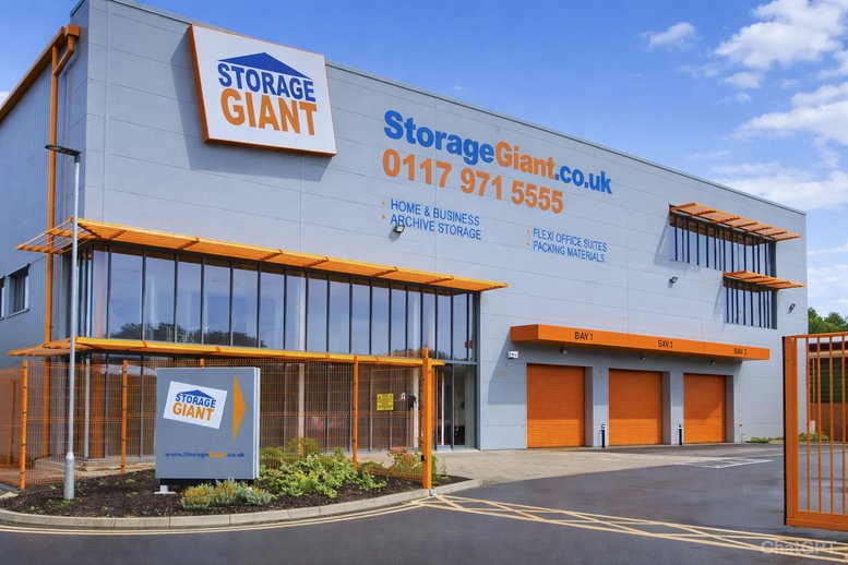 Exterior view of the Storage Giant building at 821 Bath Road featuring orange accents and signage.
