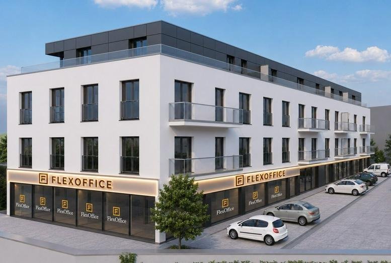 Exterior view of the white and gray modern building at 8A, Wemperhardt.