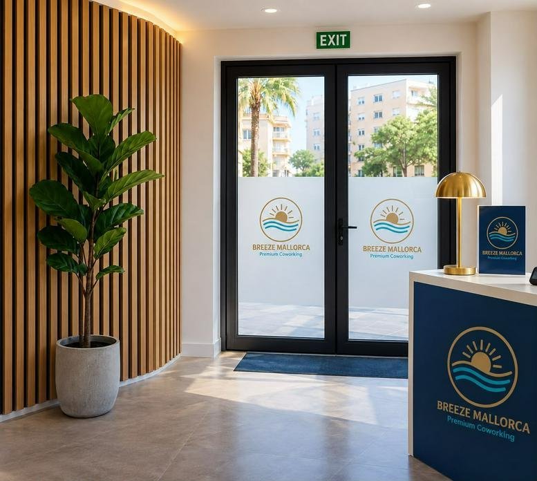 Reception entrance at Calle Cala Blanca 1, Palmanova featuring a branded front desk and glass doors.