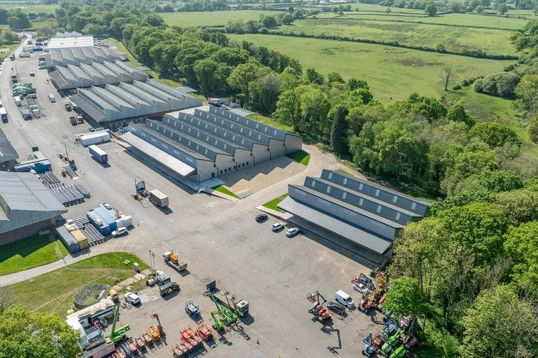 Aerial view of the industrial warehouses and distribution units at Chalcroft Business Park, Burnetts Lane.
