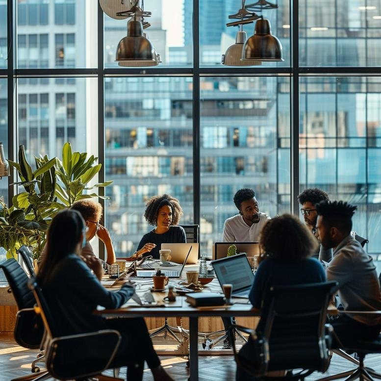 Modern boardroom at 1 High Street, Watlington, Oxfordshire with a team meeting around a large table and city views.