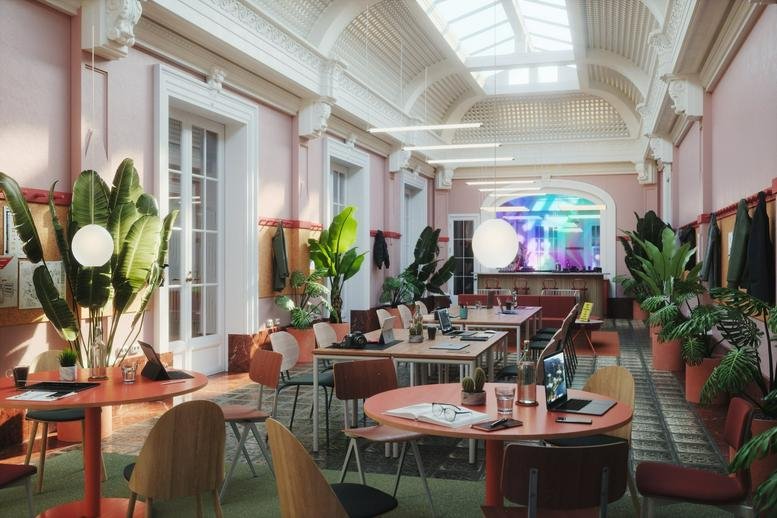 Grand communal lounge with high arched ceilings, skylights, and indoor trees.