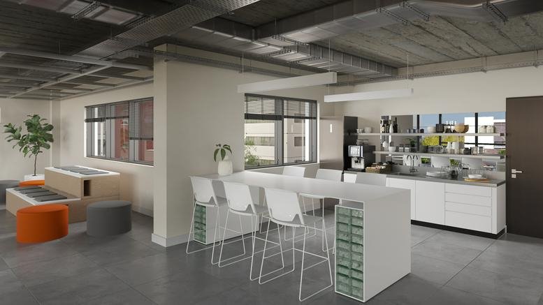 Modern communal break area with white high-top seating and a kitchen station.