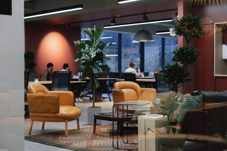 Spacious coworking lounge at Nida Kule featuring leather armchairs and lush indoor plants.