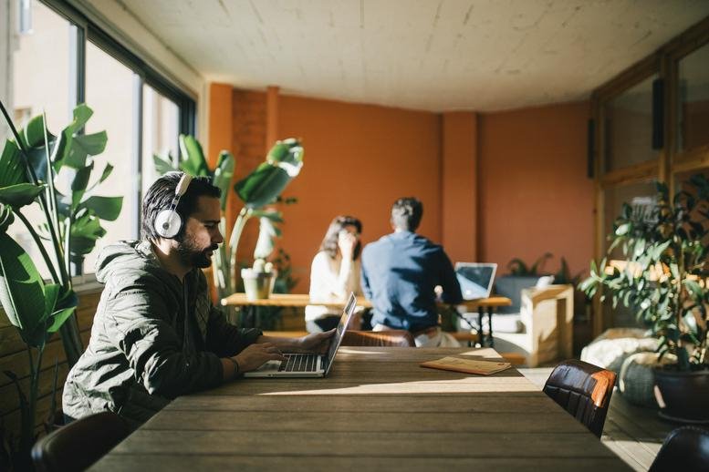 Warm coworking space at Carrer de Sardenya 229 with wooden tables, leafy plants, and natural light.