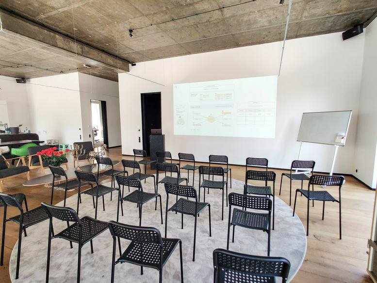 Meeting room at Engeldamm 64b, Berlin, Brandenburg with a projector screen and rows of black chairs.