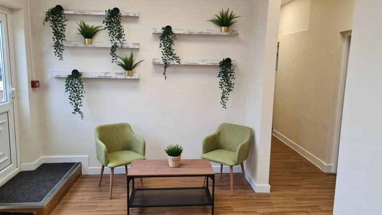 Reception area at Everoak Industrial Estate featuring green armchairs, wooden coffee table, and wall-mounted plants.