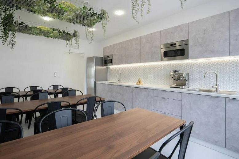 Communal kitchen and dining area at Rua Sá da Bandeira 706, 6D, Porto with hanging plants and concrete-style cabinetry.
