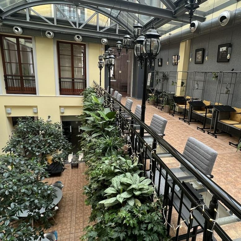 Spacious interior courtyard with glass ceiling and lush greenery at ATRIUM, 24 George Washington Street.