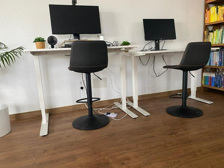 Pair of height-adjustable standing desks with black stools and monitors.
