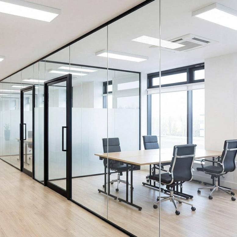 Meeting room with a large wooden table and glass partitions at Earlsdon One Coventry, 53-55, Butts Road.