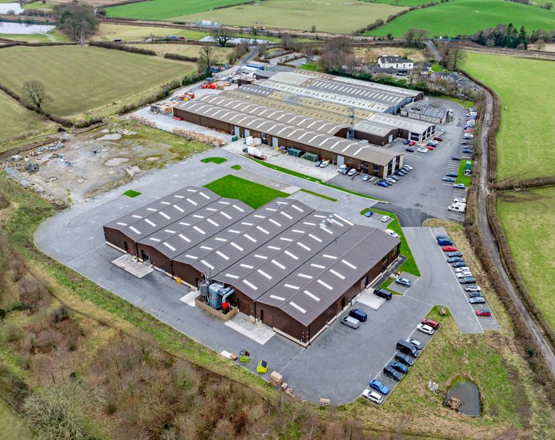 Aerial view of the industrial units and surrounding greenery at Elmsfield Park, Elmsfield Park, Holme.