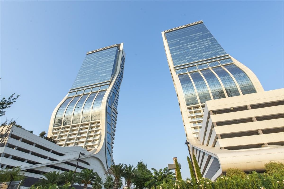 Exterior view of the striking twin-tower architecture at Folkart Towers in Izmir.