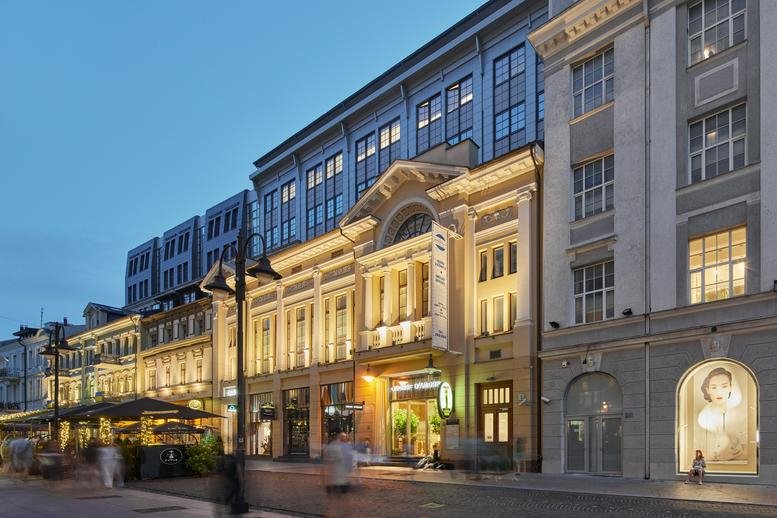 Evening exterior view of the classic facade at Business Centre 2000, Building A.