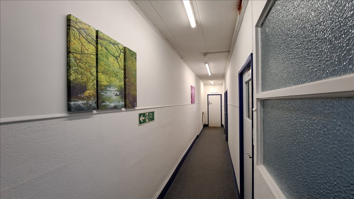Brightly lit hallway at 1 Bradfield Road featuring nature-themed wall art and clean white walls.