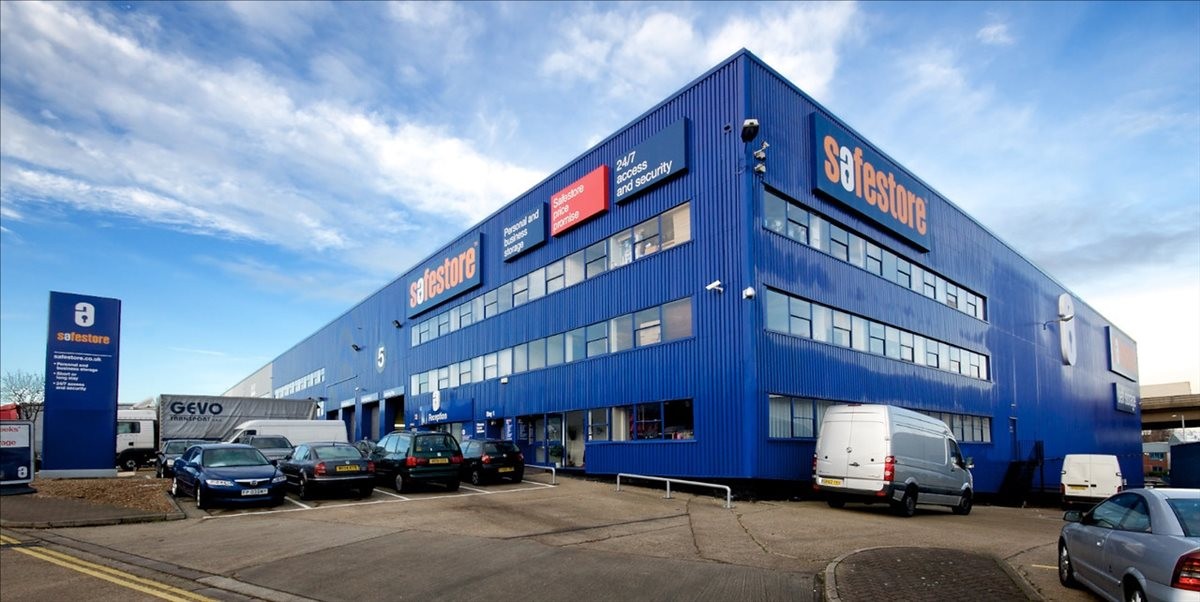 Exterior view of the blue Safestore building at 1000 North Circular Road, Staples Corner.