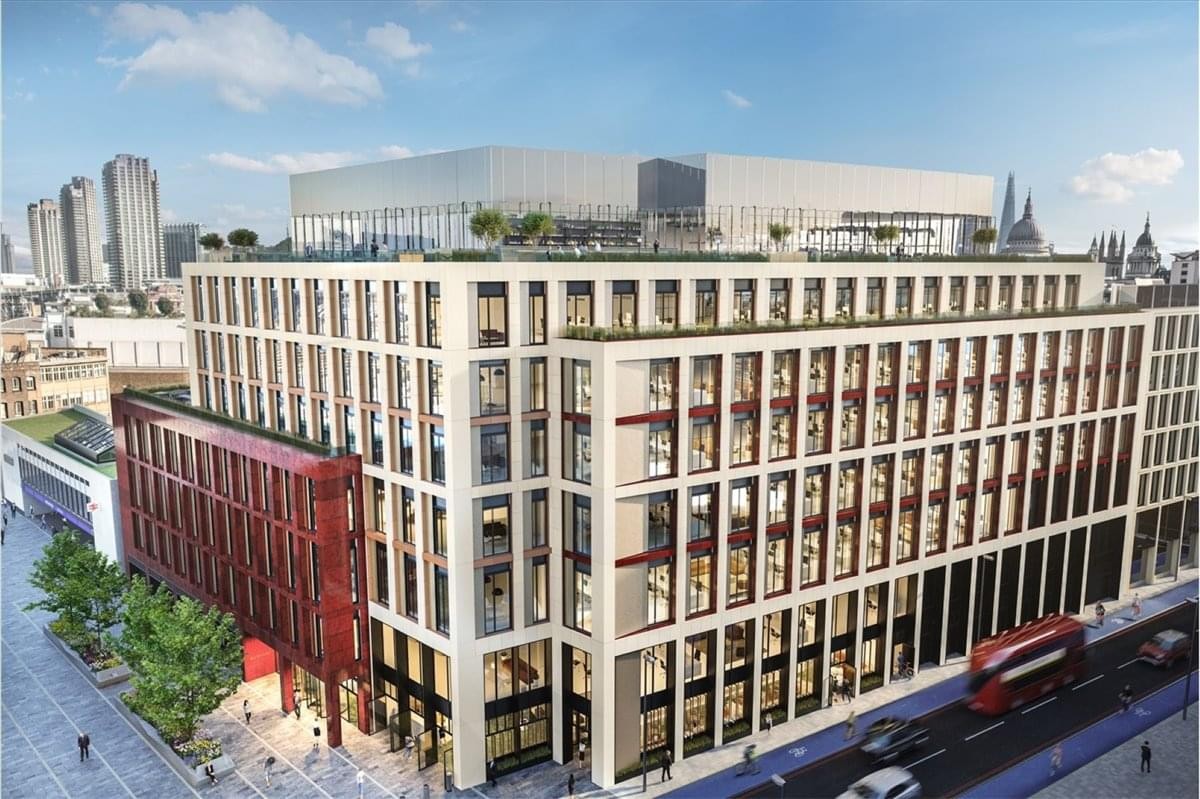 Exterior view of the contemporary multi-story commercial building at 12 Farringdon Rd, London.