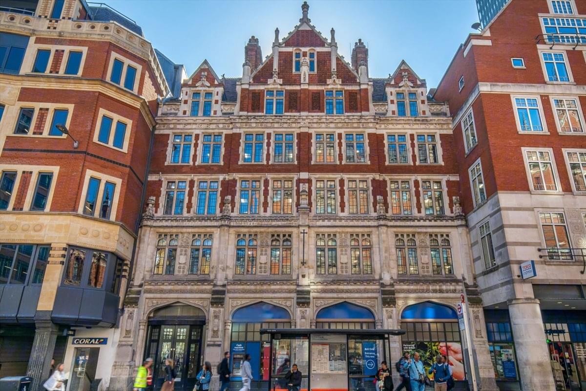 Exterior view of the historic red brick and stone facade at Level 2, 164 Bishopsgate.