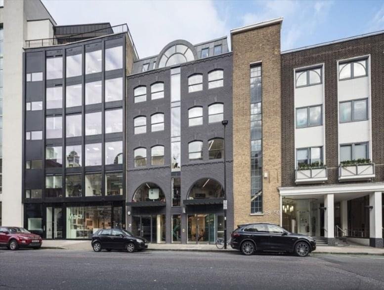 Exterior view of the multi-style facade at 52-54 John Street, Clerkenwell.