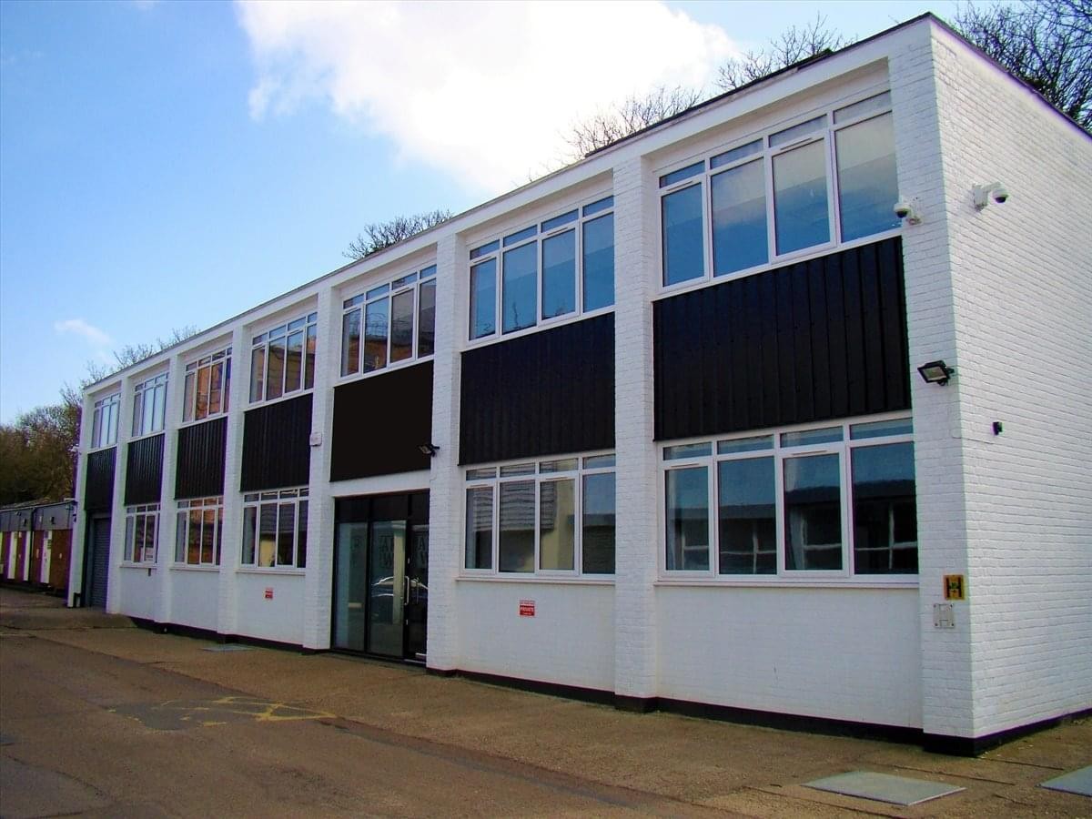 Exterior view of the white and black facade at Baldock Industrial Estate, London Road, Units 11-12.