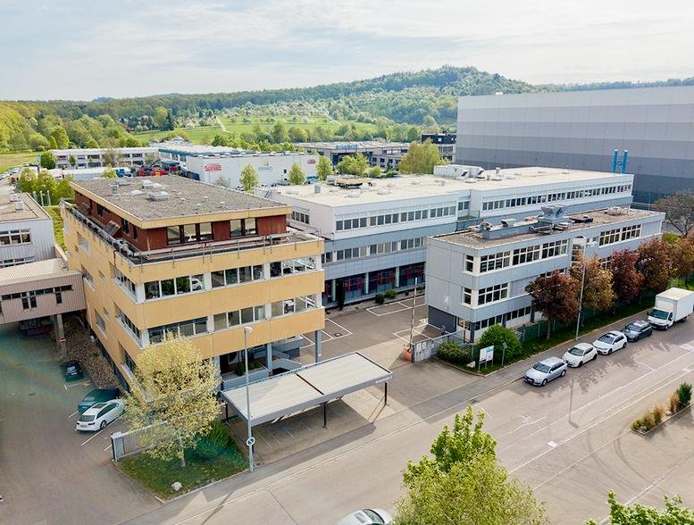 Aerial exterior view of the multi-story office complex at Benzstraße 2, Stuttgart.