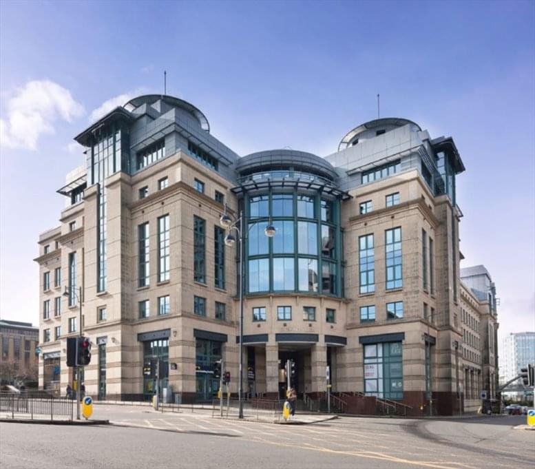 The grand exterior stone facade and glass entrance of Exchange Plaza, 50 Lothian Road, The Exchange, Edinburgh.
