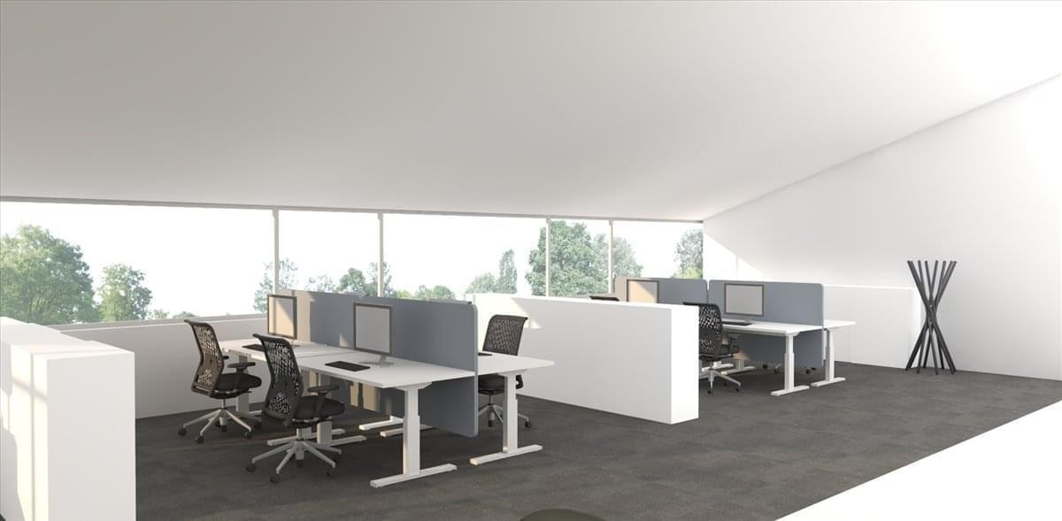 Modern open-plan office at Olschewskibogen 18 with height-adjustable desks and floor-to-ceiling windows.