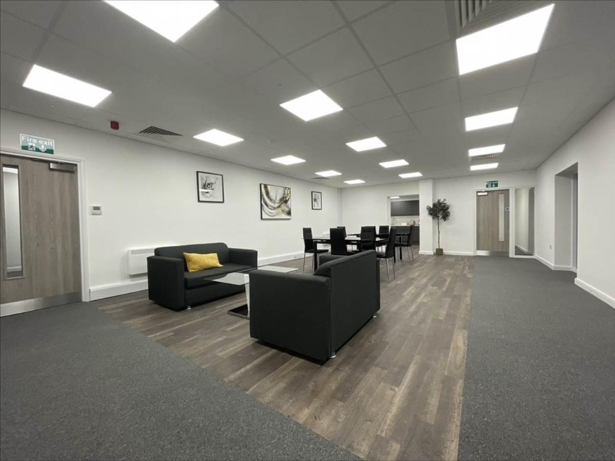 Spacious communal lounge and breakout area at Premium Inn, Altofts Lane, Wakefield, West Yorkshire.