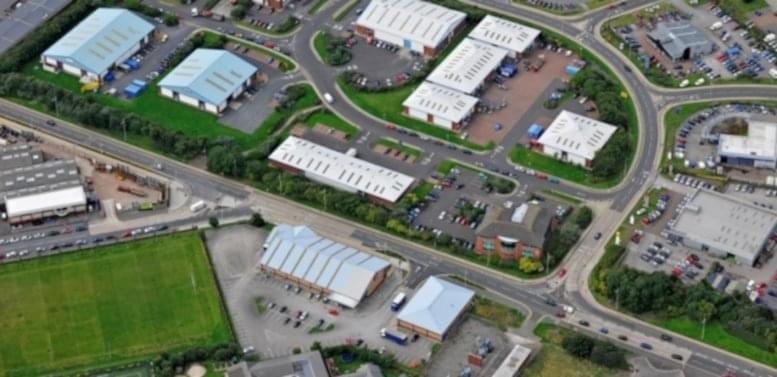 Aerial view of the industrial and office buildings at Furness Business Park in Barrow-in-Furness.
